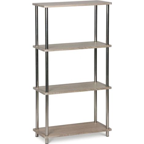 Étagère multifonction - JUANIO - 60x29,5x112cm - 4 niveaux - Effet bois - Structure métallique chromée (1/4)