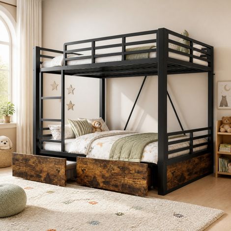 Cama litera metálica 204x148x164 cm con cajones, escalera y barandillas, metal y madera, negro (1/5)