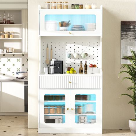 Credenza alta con cassetti, ripiani regolabili, LED e vetro ondulato, bianco HAVRYA (1/5)