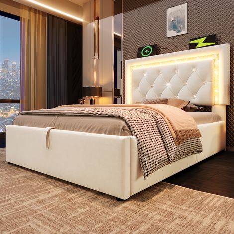 Lit capitonné simple 90x200 cm velours, tête LED diamant, USB Type-C, coffre hydraulique, lit ado avec sommier, beige, matelas non inclus (1/5)