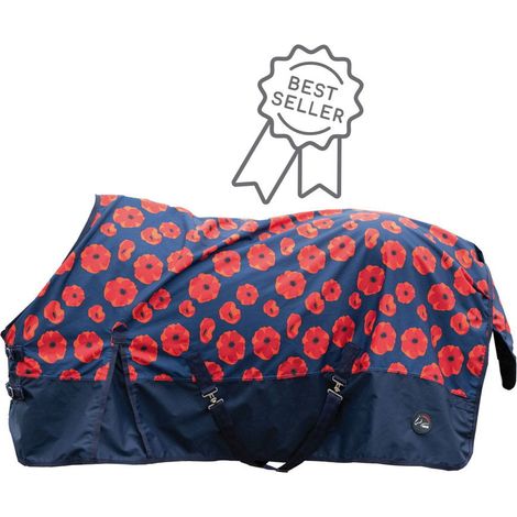 Coperta da paddock per cavalli modello Poppy tessuto esterno 600 denari e imbottitura 100 g con stampa papaveri rossi: Coperta papaveri rossi 145 cm