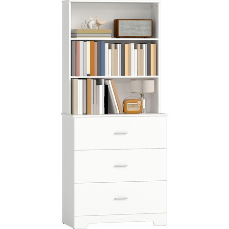 Bücherschrank Hochschrank Vitrinenschrank mit 3 Schubladen, 3 offen Regalen, für Wohnzimmer Küche, 79x39,5x180 cm, Weiß