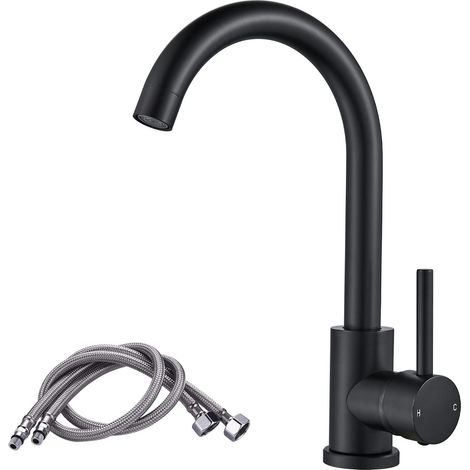 Robinet d'évier de cuisine en acier inoxydable et laiton, pivotant à 360 °C, mitigeur évier monocommande évier d'eau froide chaude pour cuisine et évier, noir (1/5)