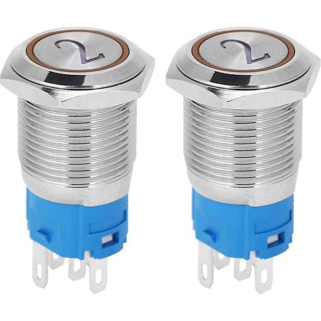Interrupteur à bouton plat métallique à 5 broches, réarmement automatique, avec voyants LED et symboles numériques, compatible avec une alimentation 220 V CA, de couleur jaune. (1/5)
