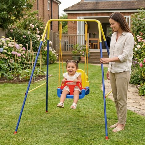 Portique balançoire enfants 3-en-1 multicolore balançoire pliable avec siège réglable intérieur et extérieur style élégant