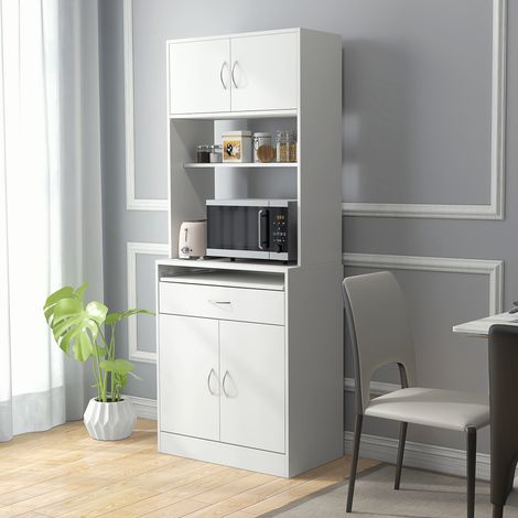 Buffet de cuisine 70x40x180 cm Blanc Garde-manger Salle à manger avec 4 portes, plateau amovible, tiroir d’étagère réglable