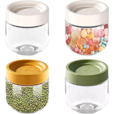 Lot de 4 bocaux en verre réutilisables - 300 ml - Avec couvercle à visser - Pour yaourt, pudding, salade, confiture, miel (jaune/beige/vert) (1/5)