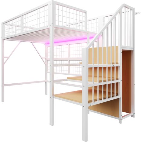 Lit mezzanine en métal 90200, lit en fer, lit superposé pour enfants et adolescents, avec bandes LED contrôlées par application, escalier avec rangement, placard ouvert, noir et blanc (1/5)
