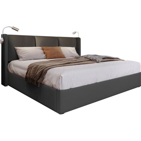 CHICFURN Cama tapizada 180x200 cm con arcón, luz de lectura y 2 USB, estructura de hierro y cuero regenerado gris, somier elevable hidráulico para dormitorio (1/5)