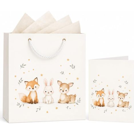 Sac Cadeau Naissance Bébé avec Papier de Soie et Carte Animaux (1/5)