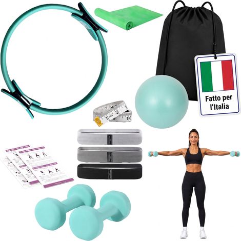 Relaxdays Set Pilates 11 pz: anello, palla, 4 bande, 2 manubri, borsa per esercizi