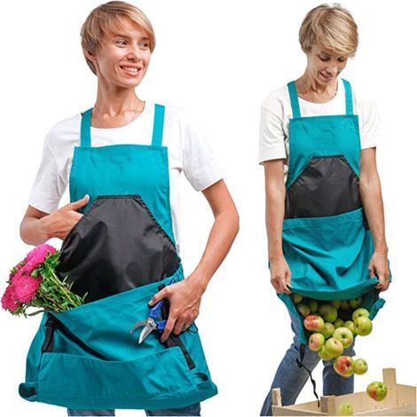 Tablier de récolte (bleu). sac en toile pour la cueillette des fruits - Tablier de récolte ajustable et de grande capacité avec ouverture inférieure et doubles clips pour les jardiniers (1/4)
