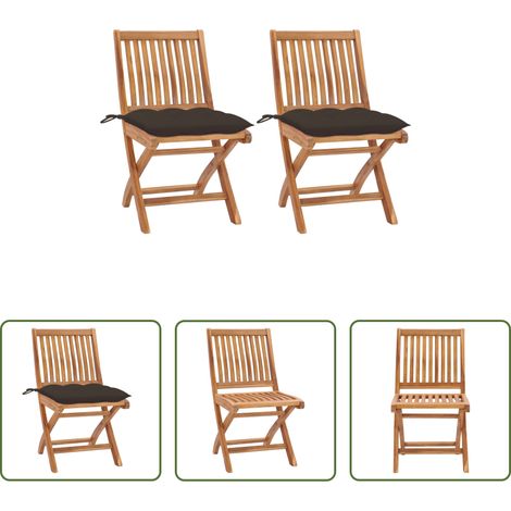 Chaise de patio - Chaises de jardin lot de 2 et coussins taupe Bois teck massif (1/5)