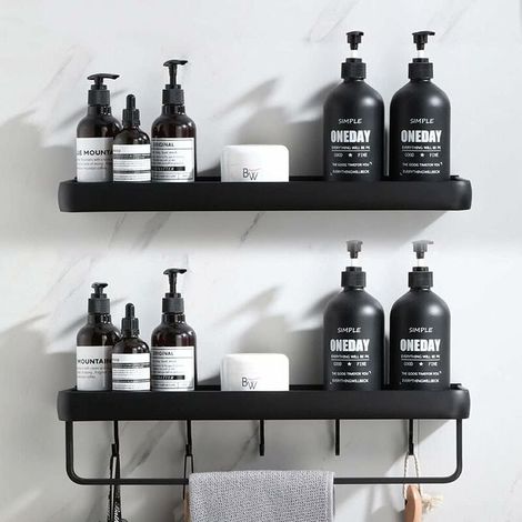 Shower Shelf without Drilling Bathroom Shelf with Towel Rail and Aluminum Hook Storage Shelf for Shower and Kitchen Set of 2 Black (1/5)