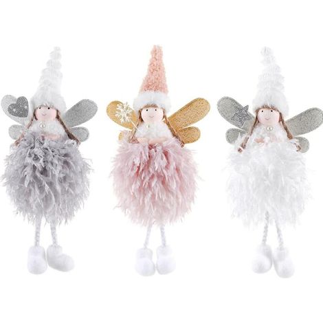 3 Pcs Ange Ornements de Noël pour L'arbre, Ornements Suspendus en Peluche Ange Poupée Pendentif pour Noël Artisanat Elfes Décorations (Blanc, Rose, Gris) (1/2)