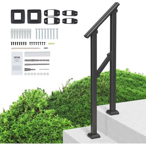 VEVOR Rampe deEscalier pour 1-2 Marches Exterieures Main Courante Escalier, avec Kit deInstallation, Tube Carre en Acier au Carbone, pour Personnes Âgees, Marches en Beton, Porche, Terrasse, Noir