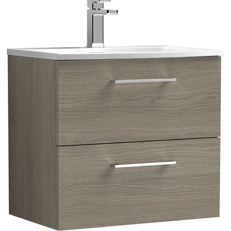 Balterley  Modern Bathroom Wall Hung 2-Drawer Vanity & Curved Basin, Solace Oak, 600 mm