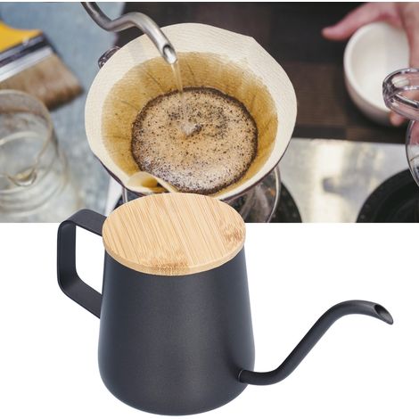 350-ml-Filterkaffeemaschine aus Edelstahl 304 mit Bambusdeckel und schwarzer Teflonbeschichtung, tropffreiem Griff und schmalem Ausguss. (1/5)