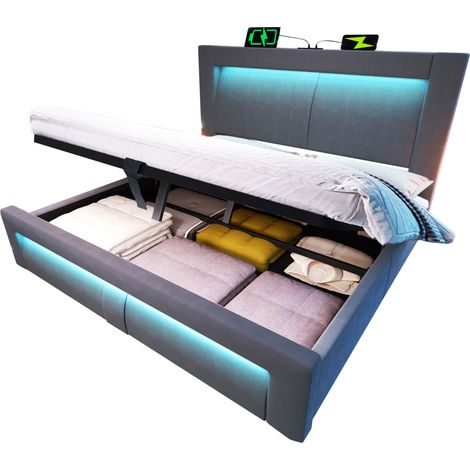 Lit coffre 160x200 cm en velours gris avec LED, sommier à lattes et ports USB/Type-C (1/5)