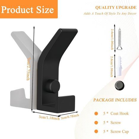 Ganchos de pared resistentes, 5 piezas de ganchos metálicos con tornillos, gancho doble para toallas, perchero de pared, ganchos para sombreros, toallero para baño y dormitorio - Negro (1/5)