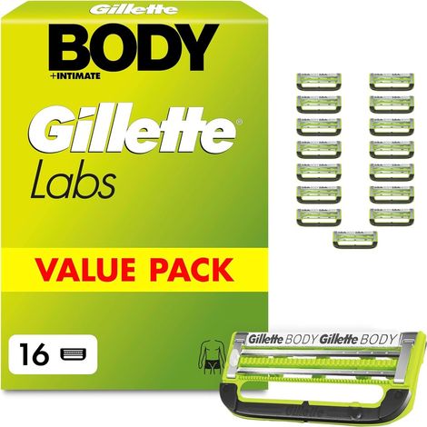 Gillette Labs Body & Intimate Rasierklingen, 16 Original Ersatzklinge, Grün für Intimrasierer Mann, 2 Klingen für Schutz Gegen Eingewachsene Haare Und Irritationen, Langanhaltender Gleitstreifen Für
