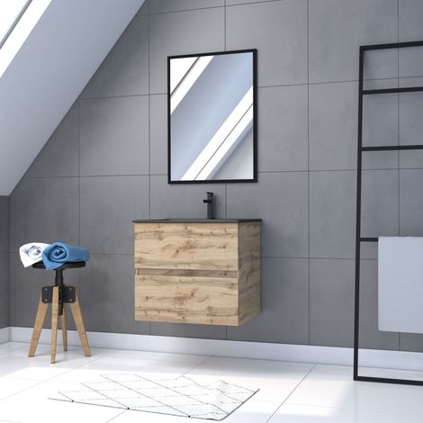 Set Mobile Bagno Sospeso 60 cm, 2 Cassetti, Rovere – Lavabo Nero + Specchio – TIMBER 60 Pack07