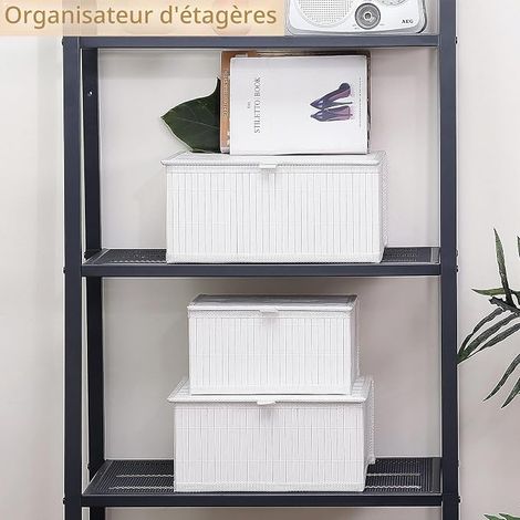 Panier Rangement avec Couvercle - Blanc Boite Decorative Bambou Organiser Osier et Doublure en Tissu Tissé pour la Maison, Cuisine, Salle de Bain Grand Moyen Petit (1/2)