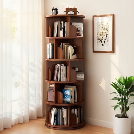 REDOM Bücherregal (59.0x56.0x26.0 cm), 360° drehbar, platzsparend, aus MDF, Walnuss (1/5)