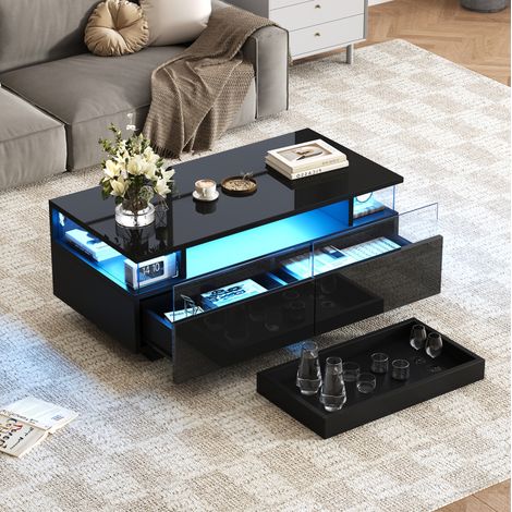 Couchtisch 90x45x35,5 cm schwarz mit 2 Schubladen, abnehmbarer Ablage und LED, MEUBLIV (1/5)