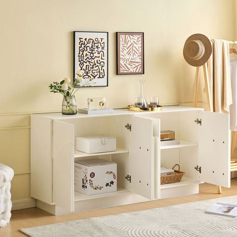 Buffet blanc élégant 160 cm – 4 portes cintrées, finition mate, pour salon et salle à manger, dimensions 160 x 38 x 80 cm – Élégance discrète et capacité (1/5)