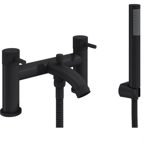 Round Deck Mounted Bath Shower Mixer Tap with Industrial Style Detailing - Black