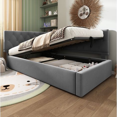 Lit daybed moderne 90x190 cm en velours gris, tête latérale réversible, coffre hydraulique et sommier à lattes (1/5)