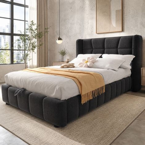 Lit enfant rembourré 90 x 200 cm en tissu gris, coffre avec mécanisme de levage, tête de lit capitonnée et structure métal – de FLORAGRACE, idéal pour petite chambre (1/5)