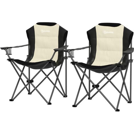 Set de 2 chaises de camping pliantes avec dossier haut, porte-gobelets et sacs de transport, chaises pour l'extérieur en métal et tissu Oxford, pour pique-nique, plage, jardin, Crème (1/5)