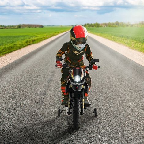 Maisonchic – Moto électrique enfant 3 à 8 ans – Vitesse 5,5 à 6 km/h – Batterie 12V – Charge 30 kg – Musique et Bluetooth intégrés – Rouge et jaune - CW3425 (1/2)