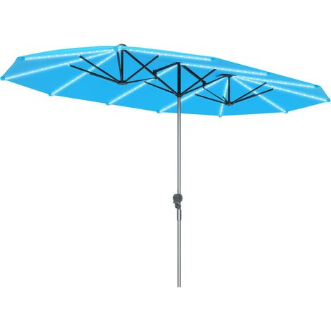 Parasol double avec éclairage solaire, aluminium et polyester, protection UPF50+, résistant aux UV, parasol de terrasse, bleu (1/5)