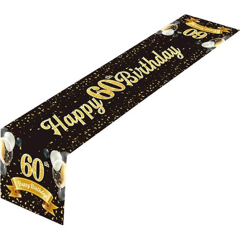 Chemin de table premium pour anniversaire, noir et or, embellit la décoration de votre fête. Nappe décorative 180 x 35 cm, facile à nettoyer. (1/5)