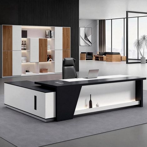 L-Schreibtisch mit Stauraum, moderner Bürotisch, groß, schwarz-weiß (1/5)