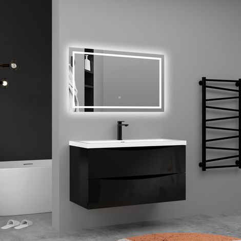 AICA Meuble de salle de bain suspendu Brillant 100cm avec simple vasque + 2 tiroirs, Noir (1/5)