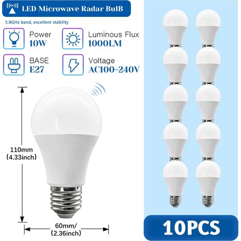 (10 unités, lumière naturelle 4000K) Ampoule radar à micro-ondes avec détecteur de mouvement, 10 W, 1000 lm, sans scintillement (1/5)