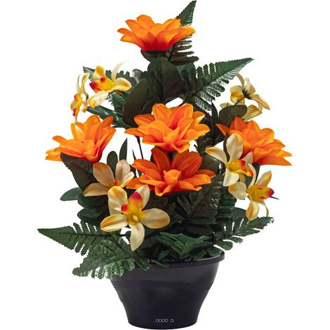 Vasque de Dahliasfleurs artificielles pour le cimetière H 36 cm D 29 cm Orange - couleur: Orange (1/3)