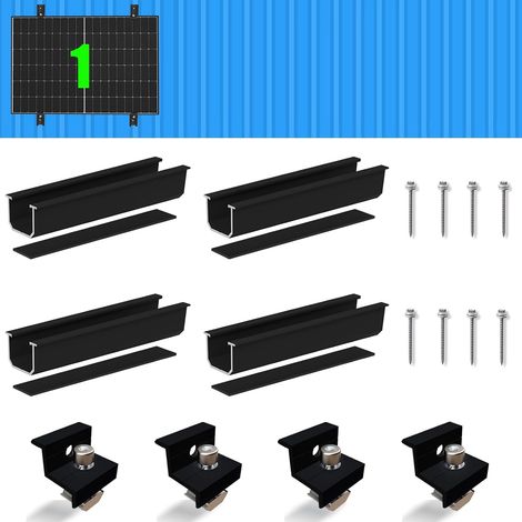 Kit de montage pour panneau solaire, profilé en aluminium noir de 12 cm et pinces réglables pour panneau solaire, support de panneau solaire, 1 module 30-35 mm pour toit plat, tôle (1/5)