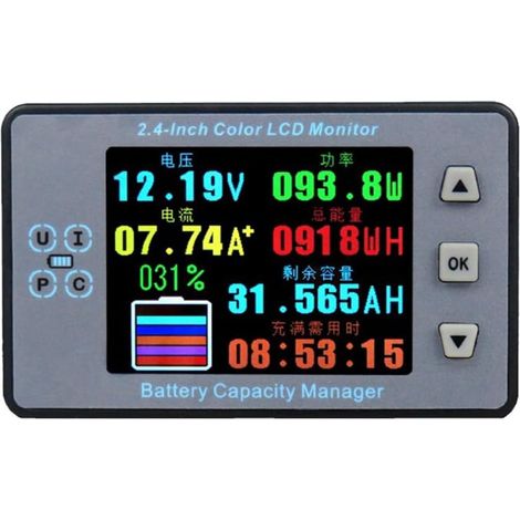 Tensionmètre Ampèremètre Coulombmètre de Capacité de Batterie avec Écran Couleur 2,4 Pouces et Bluetooth pour Voiture Électrique RV
