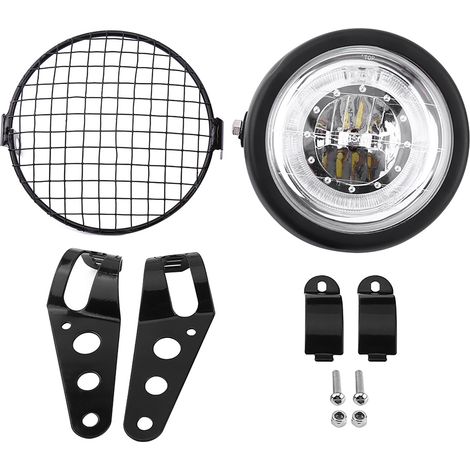 Phaire LED Moto 6,5 pouces, Optique Avant avec Grille et Support de Fixation Latérale, Compatible Café Racer