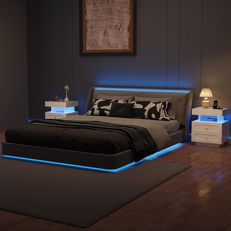 2 Pièces Chevet blanc avec éclairage LED, 2 tiroirs et espace de rangement ouvert - 50x40x60 cm (1/5)