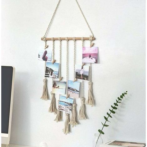 Hanging Photo Display, Handmade Macrame Tassel Hanging Pictures Organizer Boho Home Decor, DIY with 25 Wood Clips (Beige) (1/5)