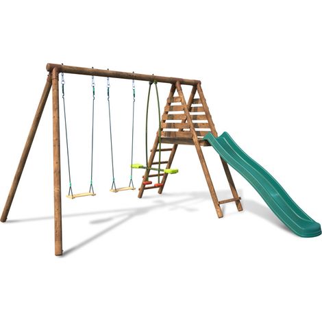Portique en bois rond 3 agrès avec face à face et toboggan VIOLETTE (1/5)