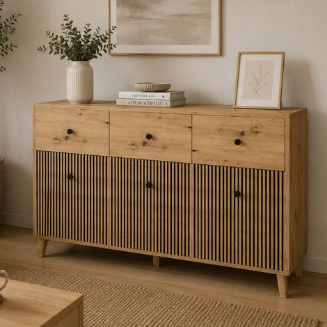 Credenza Lepa, Madia 3 Ripiani, 3 Cassetti, 6 Vani, 135x42x95h cm Marrone Rovere (1/3)