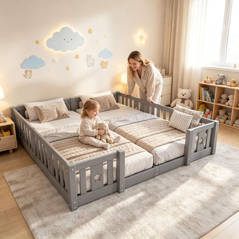 FOERPL-Kinderbett mit Sternen Montessori-Bodenbett, Doppelbettgestell aus massivem Kiefernholz mit Sicherheitsgeländer und Absturzsicherung