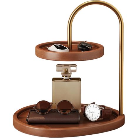 Plateaux en bois pour Rangement rond à 2 étages - Plateau à bijoux double couche, étagère de rangement, pour entrée, chambre à coucher, salon, coiffeuse, table de chevet, ottoman, décoration de la (1/5)